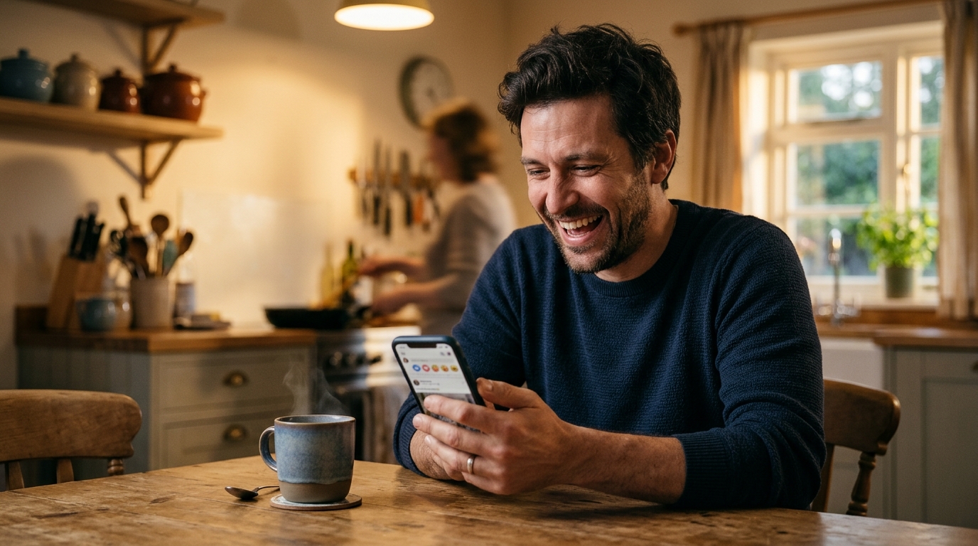 Homme souriant lisant les réactions de ses amis sur son téléphone
