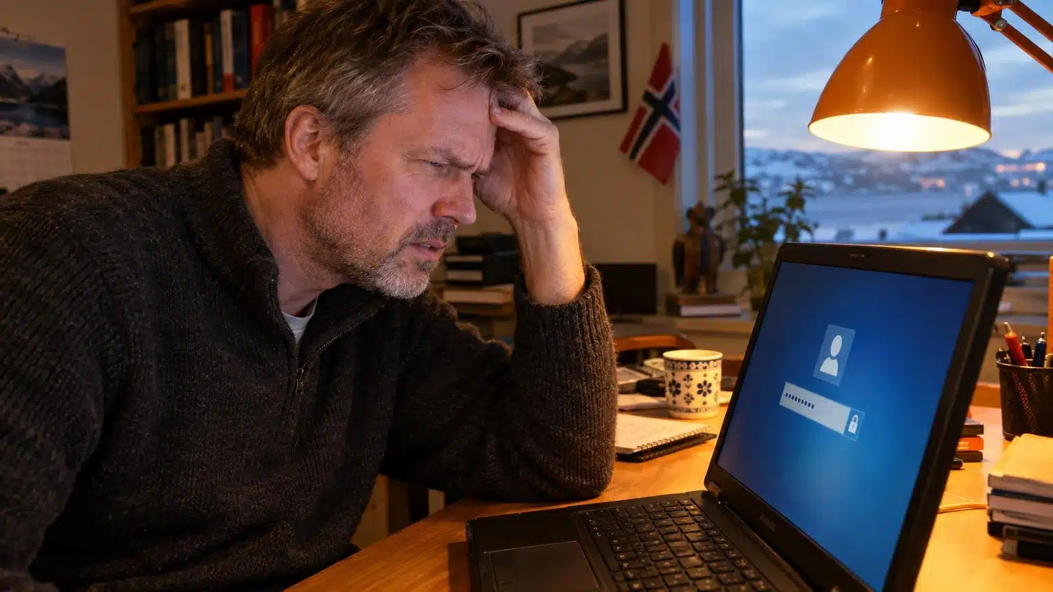 Homme concentré tentant de retrouver un mot de passe oublié