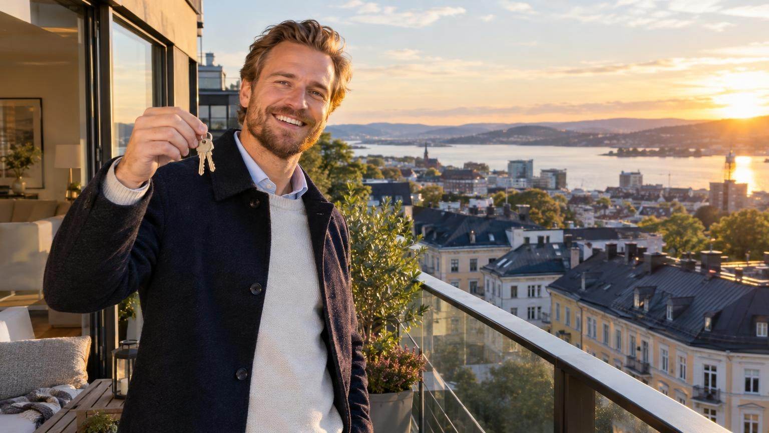 Propriétaire souriant sur le balcon de son appartement à Oslo