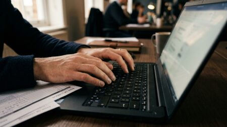 Mains sur un clavier d'ordinateur, formulaire bancaire posé face cachée