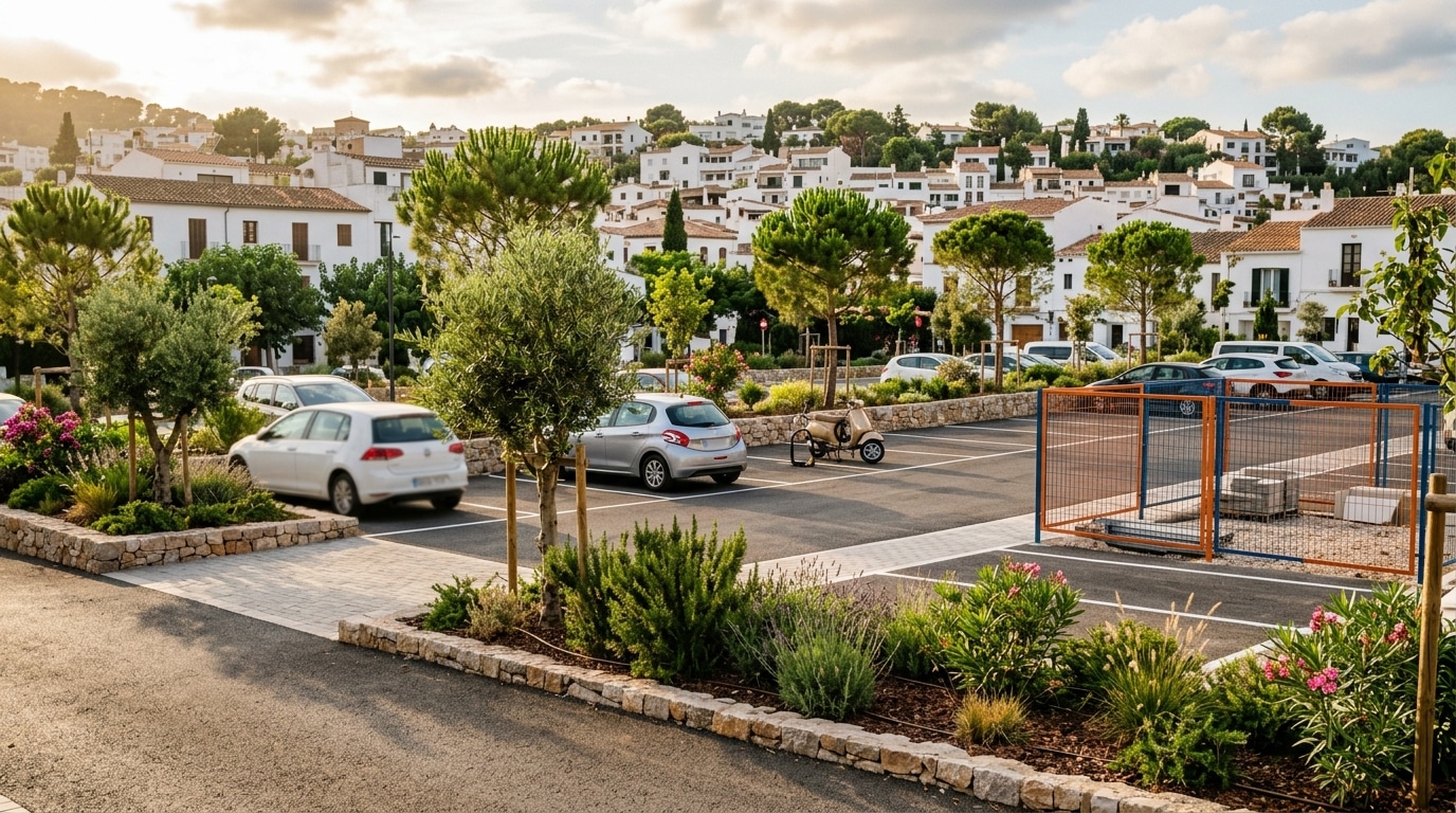 Parking urbain méditerranéen avec espaces verts fraîchement aménagés