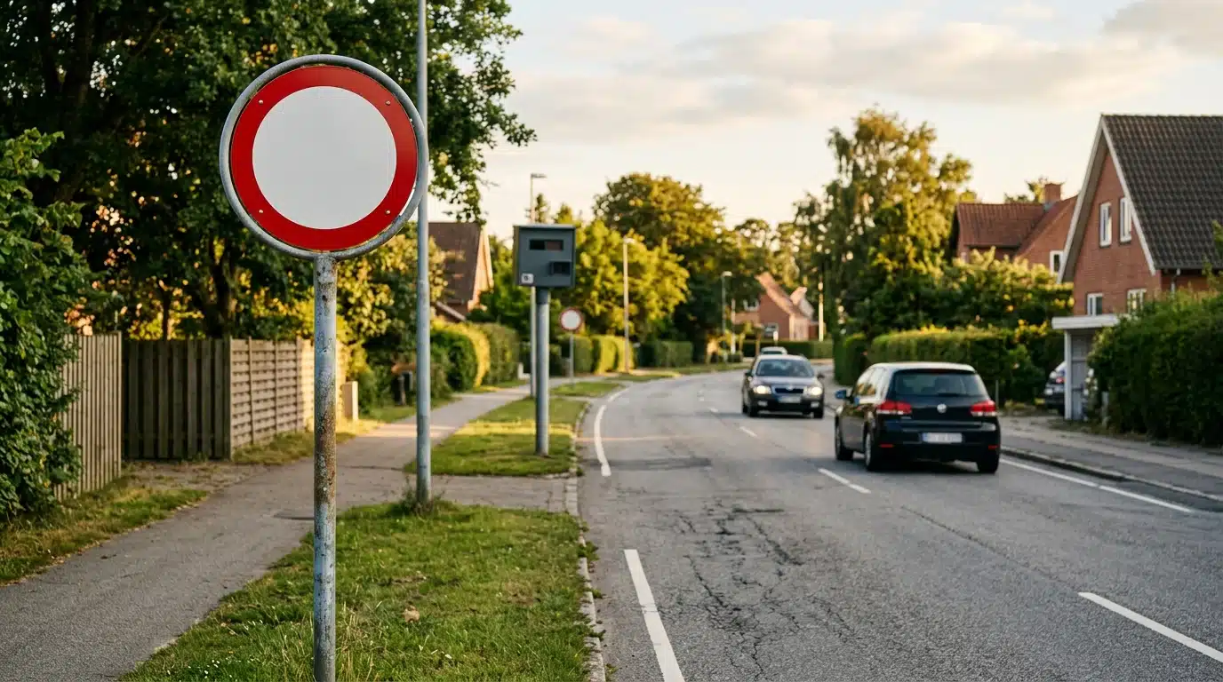Panneau de limitation vierge sur un poteau au bord d'une route