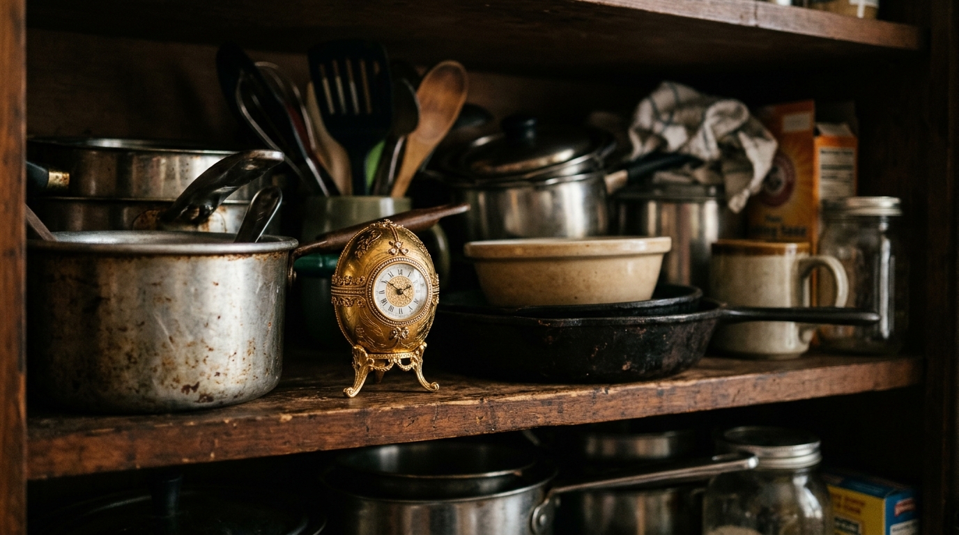 Œuf en or oublié dans un placard de cuisine