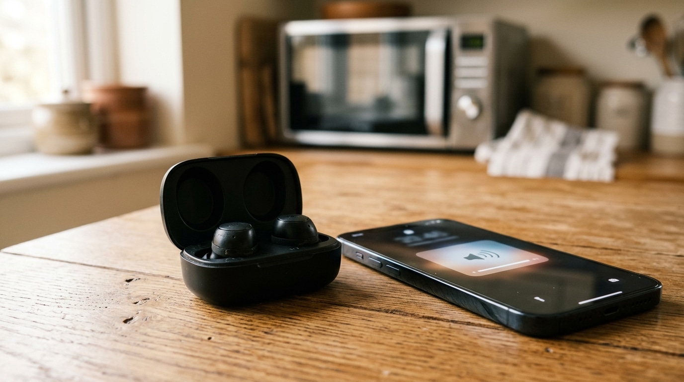 Écouteurs sans fil et smartphone posés sur une table en bois
