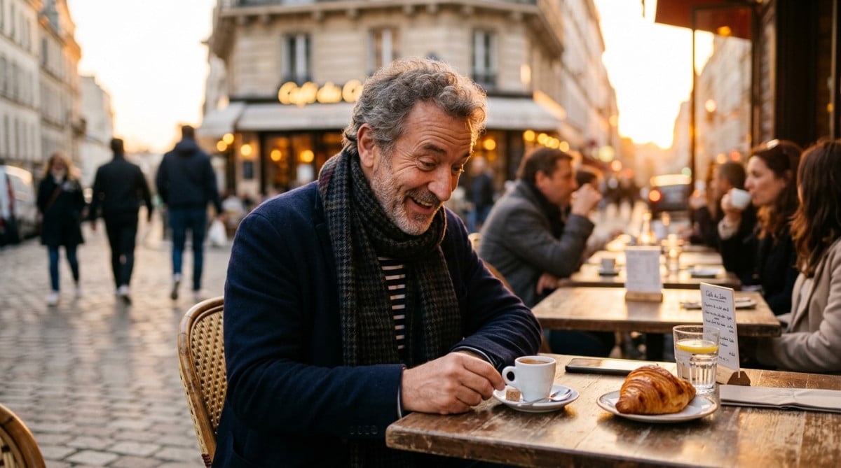 Un Français surpris devant son petit espresso en terrasse