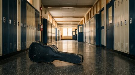 Étui de guitare posé seul dans un couloir de collège vide