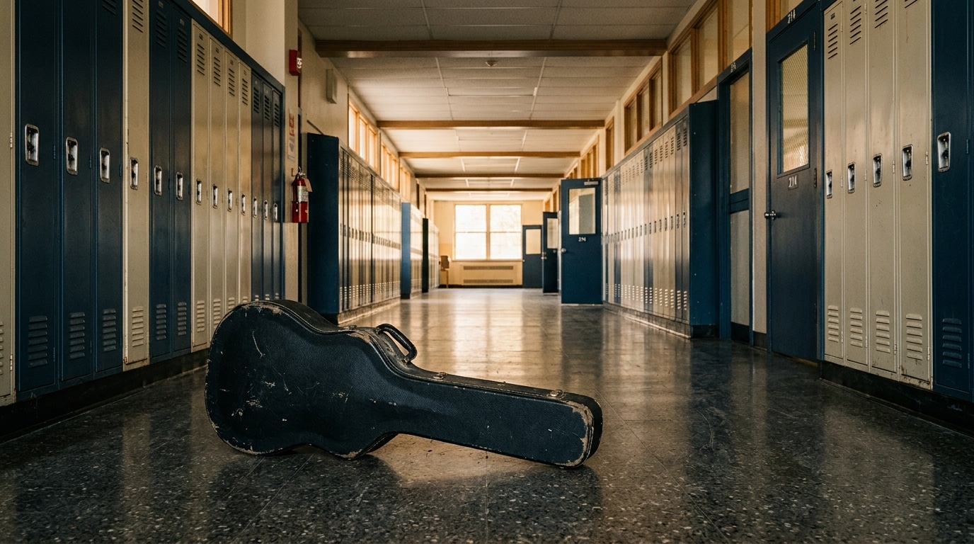 Étui de guitare posé seul dans un couloir de collège vide