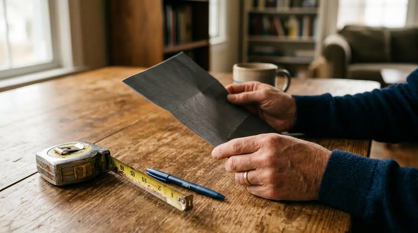 Mains posées sur un avis d'impôt avec mètre ruban et stylo