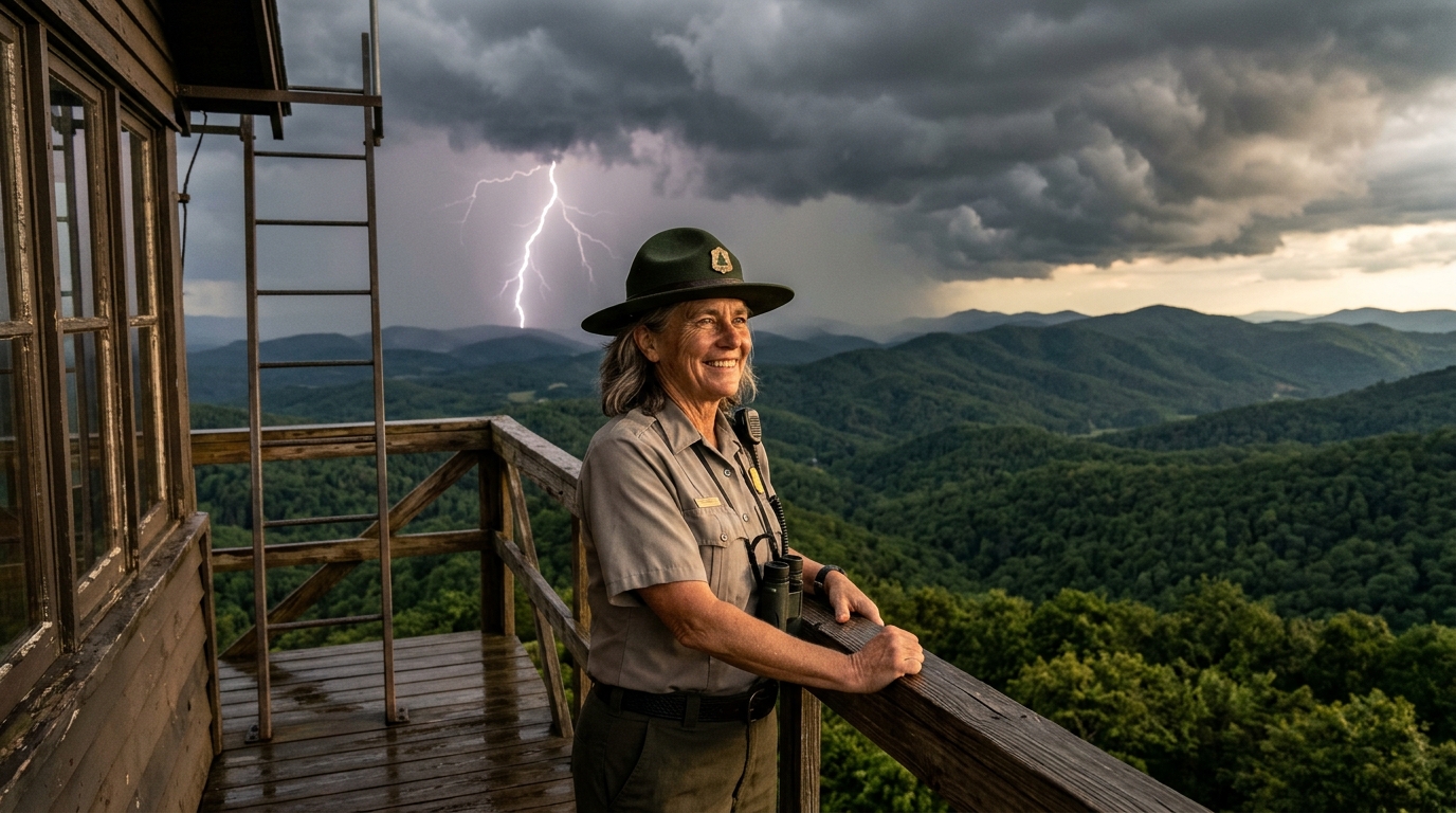 Garde forestier sur une tour de guet sous un ciel d'orage