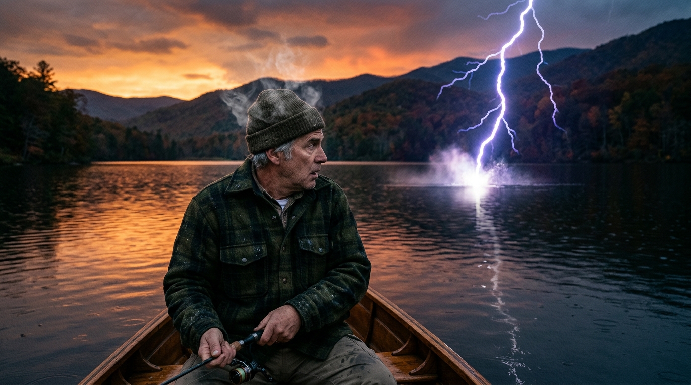 Pêcheur sur un lac frappé par la foudre au crépuscule