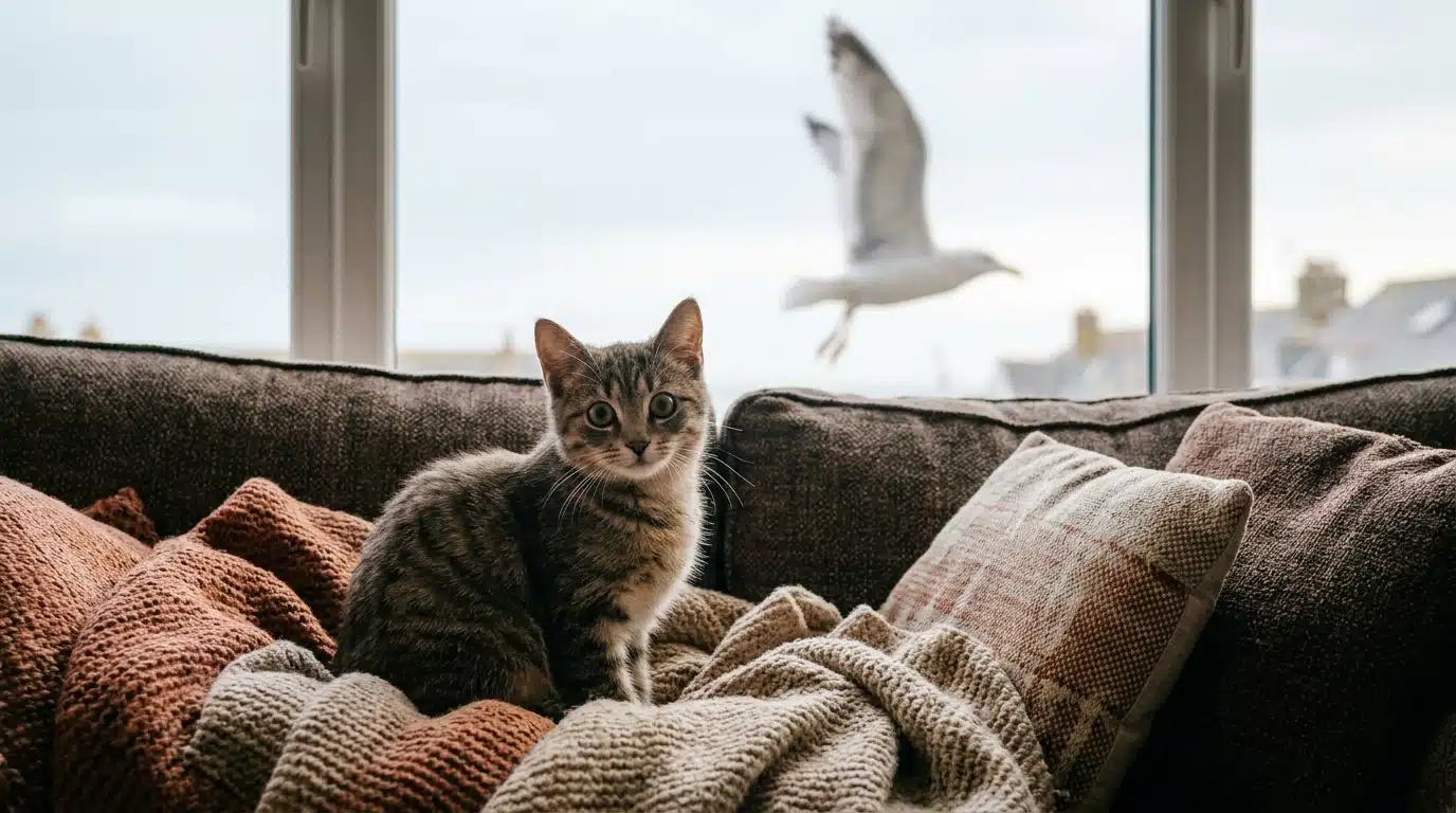 Petit chat tigré désorienté sur un canapé, goéland flou à la fenêtre