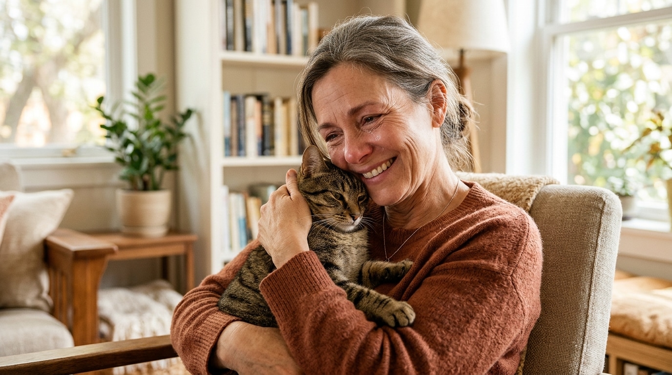Femme soulagée serrant un petit chat tigré dans ses bras