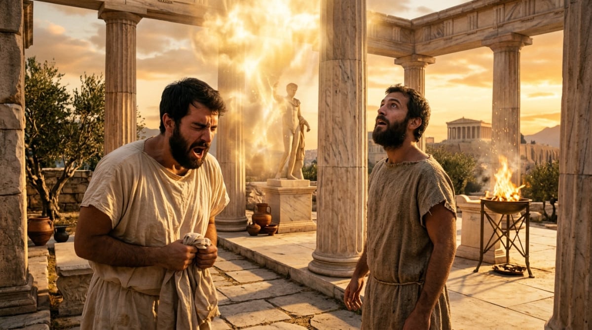 Un Grec antique éternue sous une lumière dorée divine