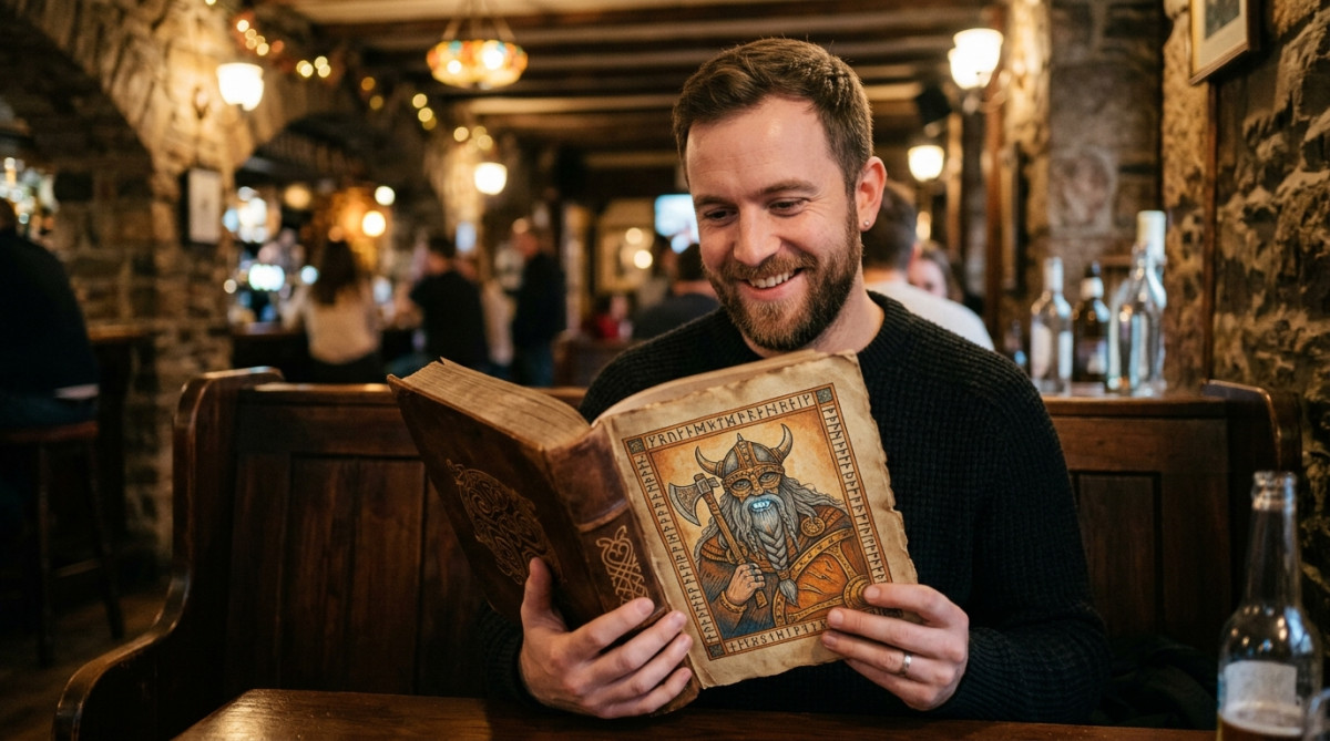 Un homme lit un roman viking dans un bar