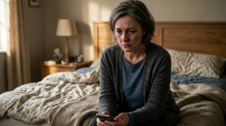 Femme en deuil assise au bord d'un lit
