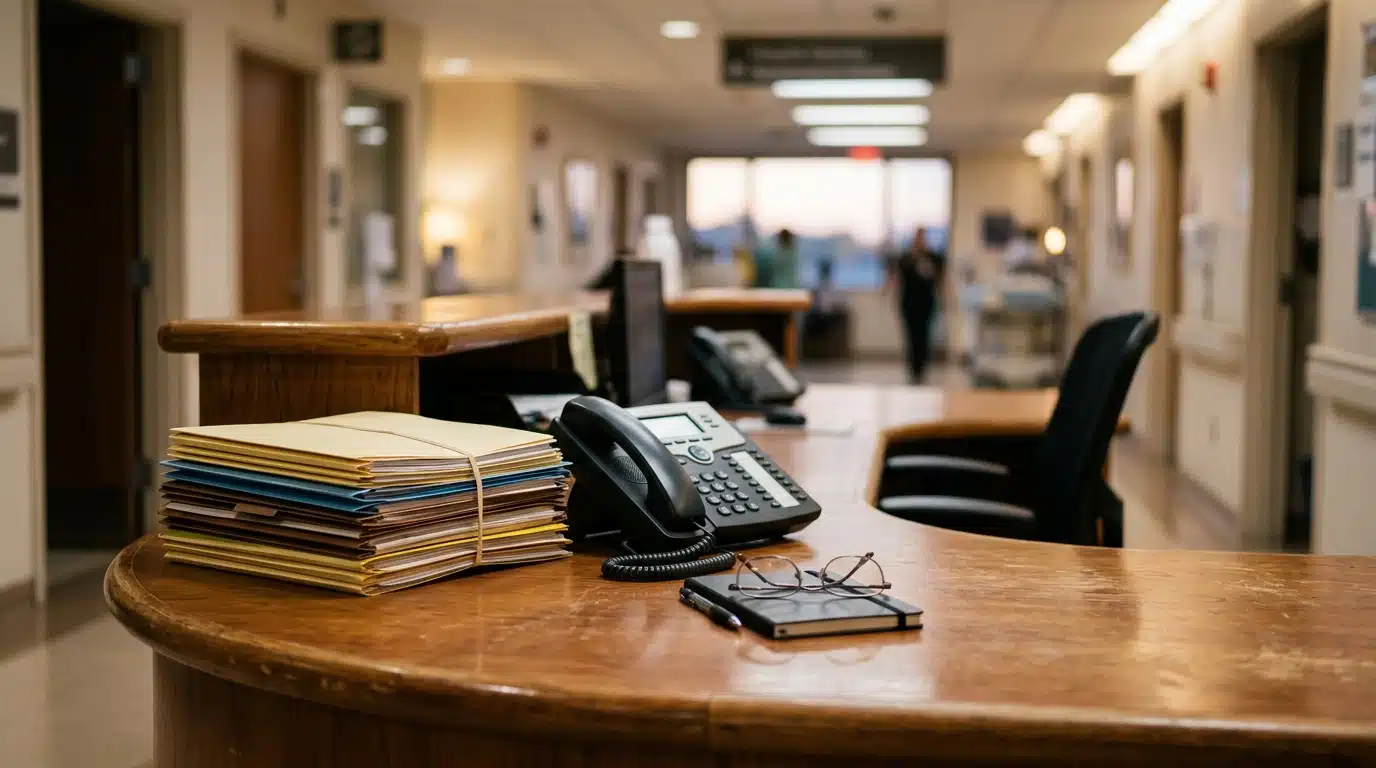 Bureau d'hôpital avec dossiers et téléphone fixe