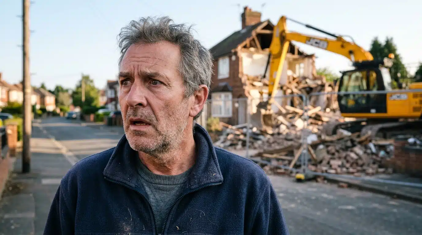 Voisin sidéré devant une maison endommagée et une pelleteuse