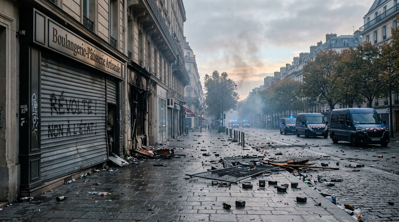 Boulevard parisien jonché de débris au petit matin