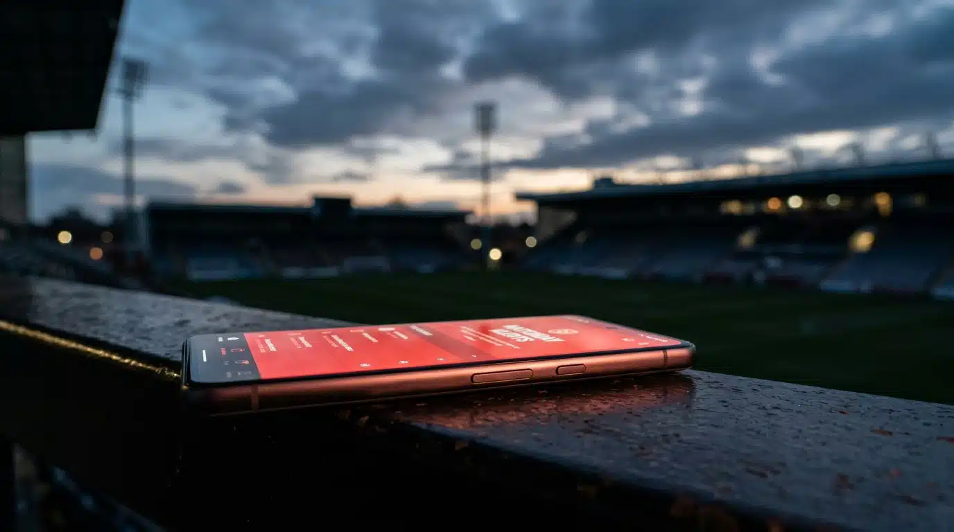 Smartphone à écran rouge posé devant un stade de football vide