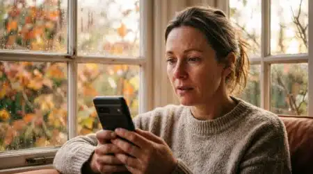 Personne émue regardant son téléphone près d'une fenêtre d'automne