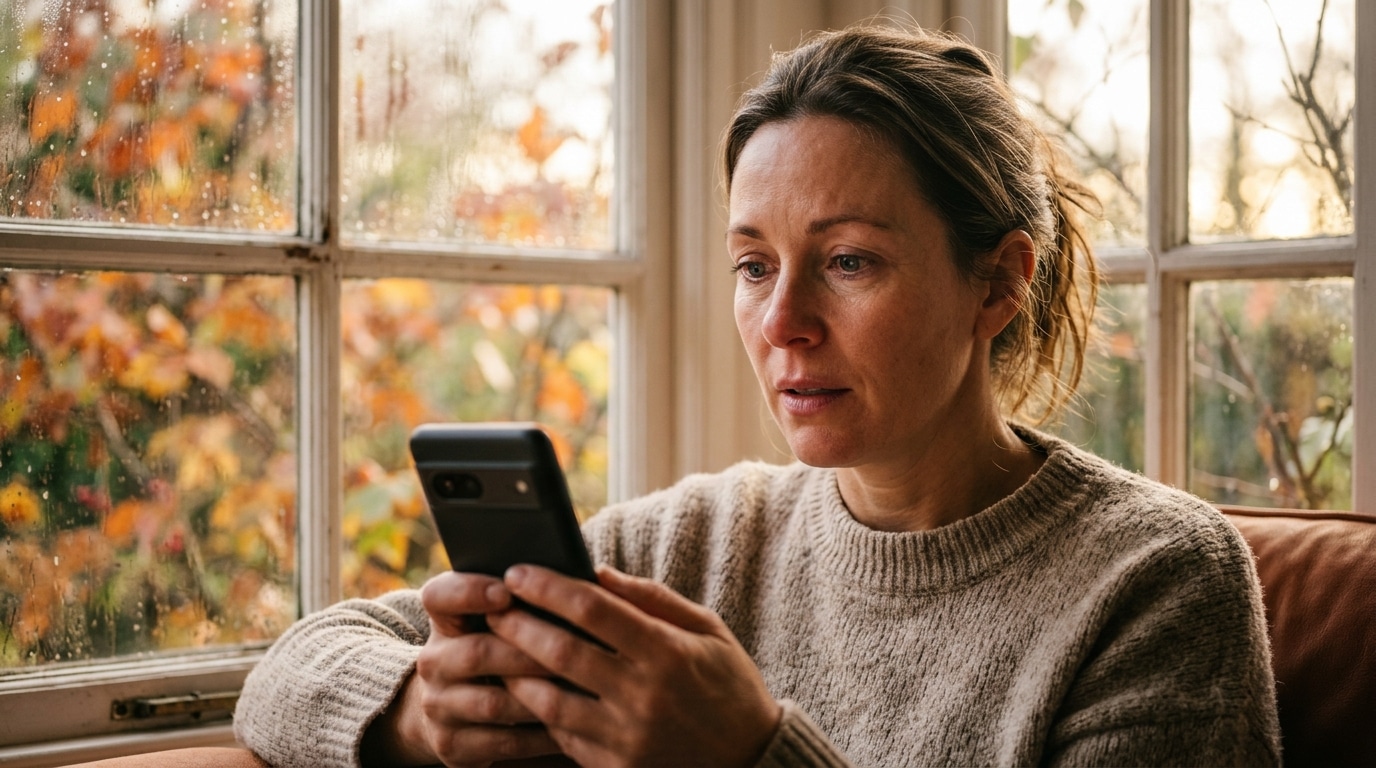Personne émue regardant son téléphone près d'une fenêtre d'automne