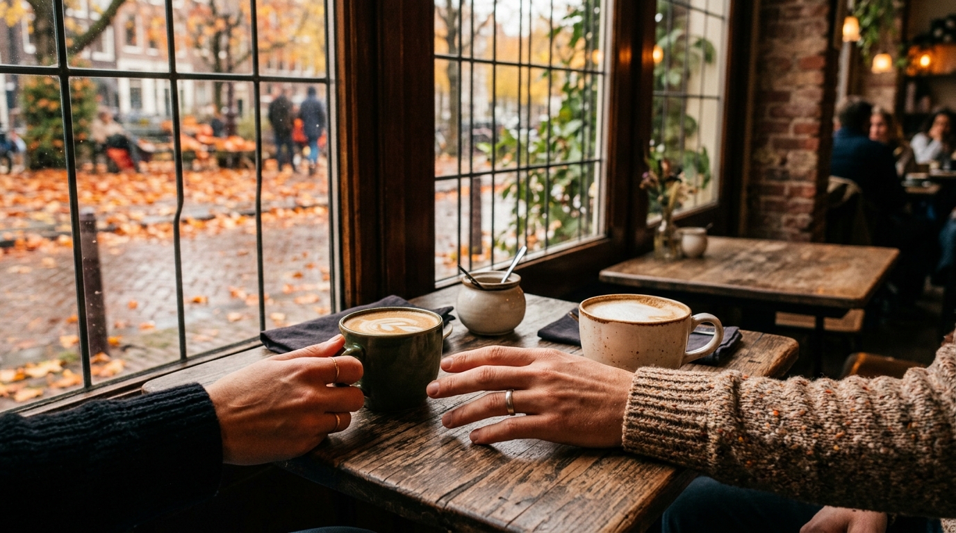 Deux tasses de café sur une table et mains proches