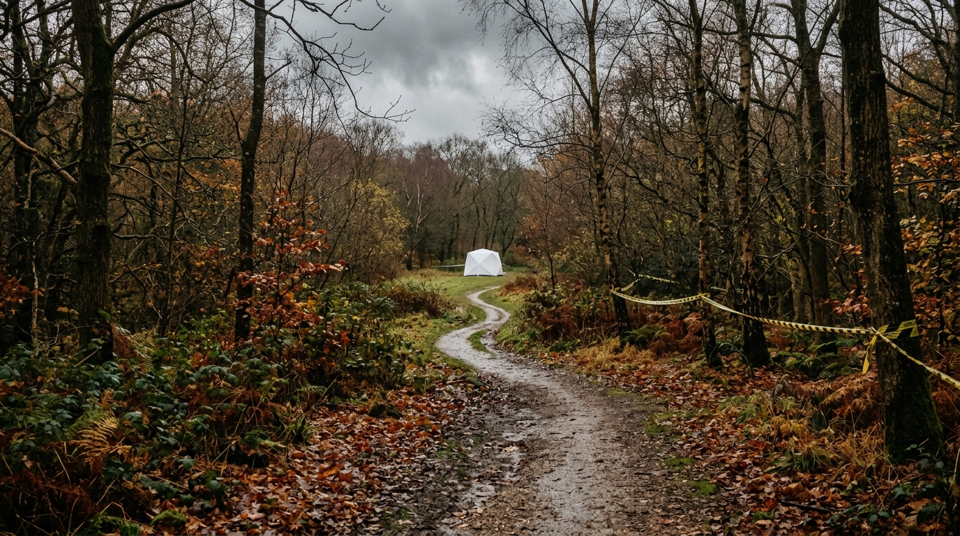 Tente blanche de police dans un bois anglais