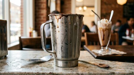 Mixeur à milkshake avec traces de chocolat sur un comptoir