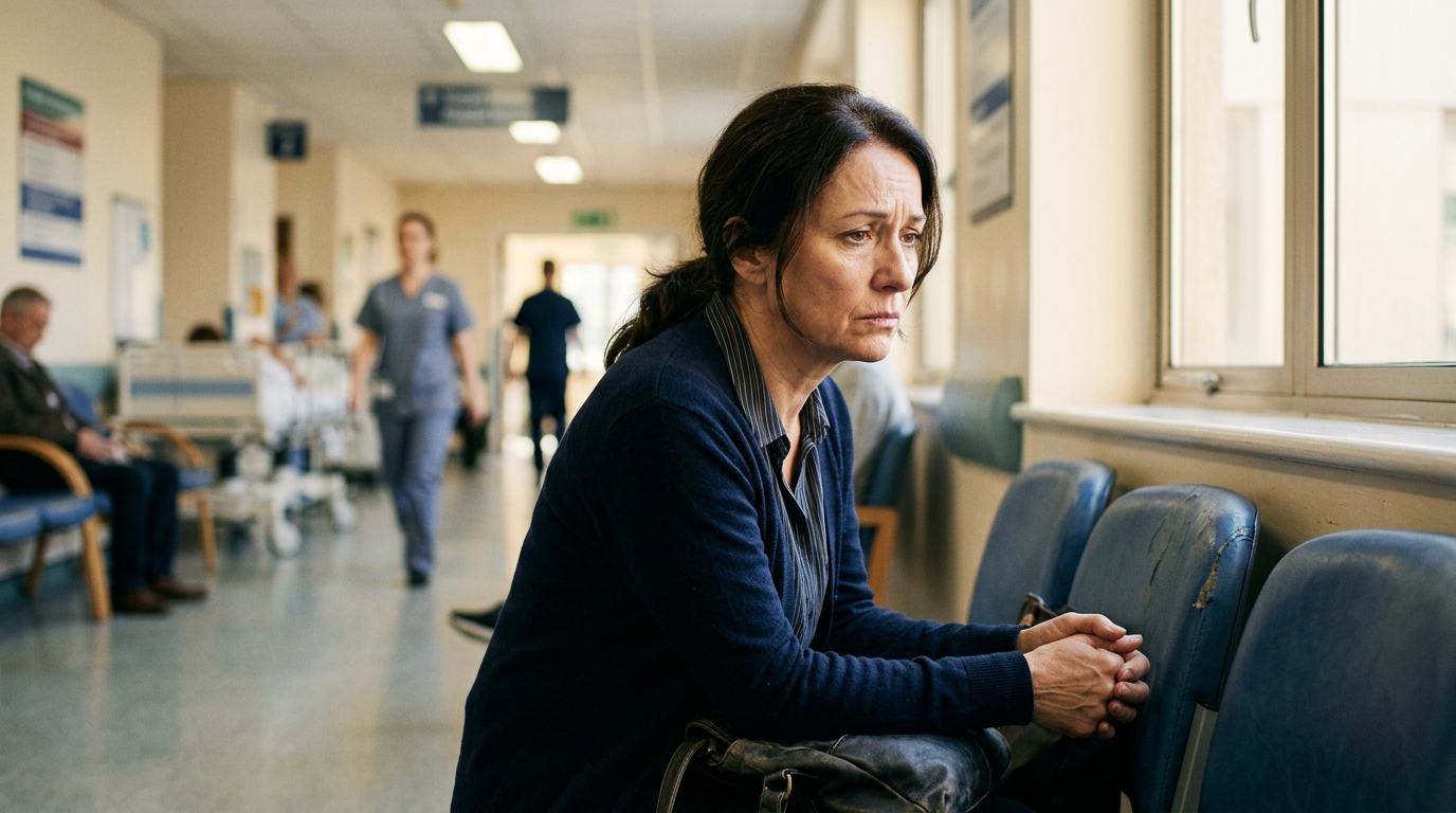 Femme inquiète assise dans un couloir d'hôpital lumineux
