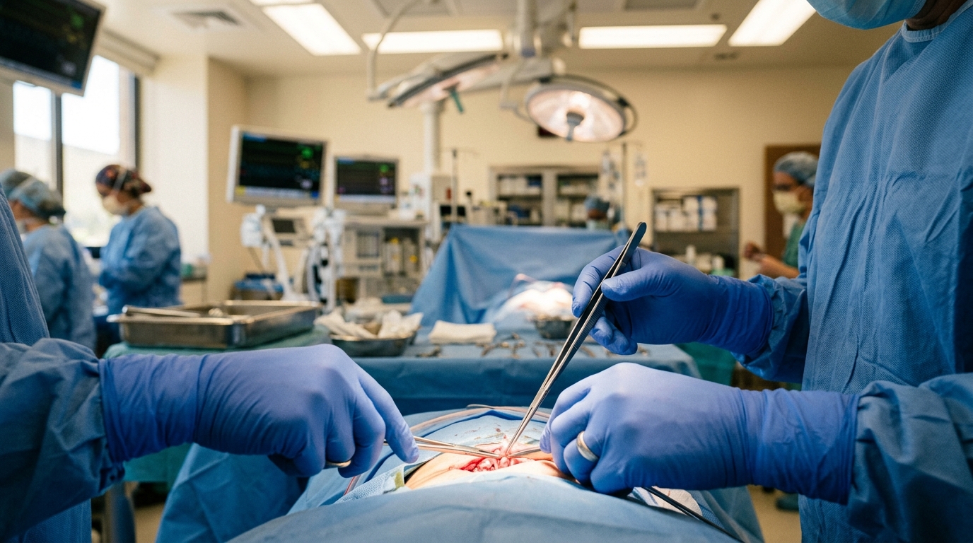 Mains gantées de chirurgien en salle d'opération