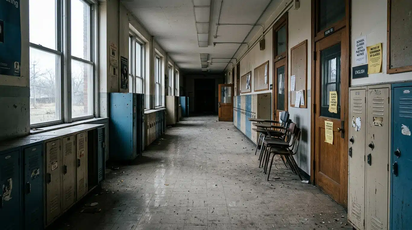 Couloir de lycée vide avec casiers et salles de classe fermées