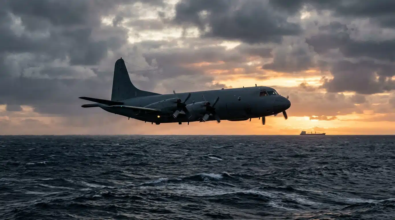 Avion de patrouille maritime gris survolant une mer agitée