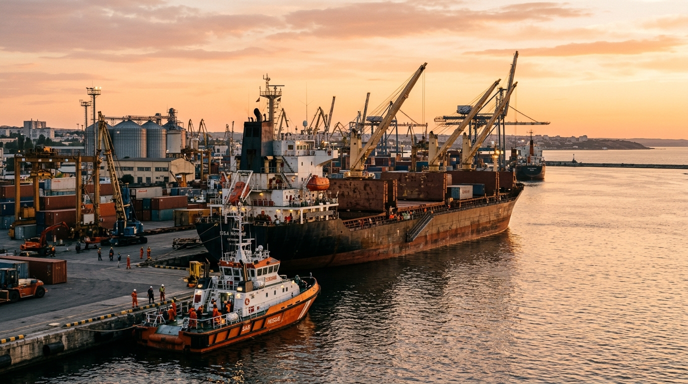 Port maritime au coucher du soleil avec bateau de secours