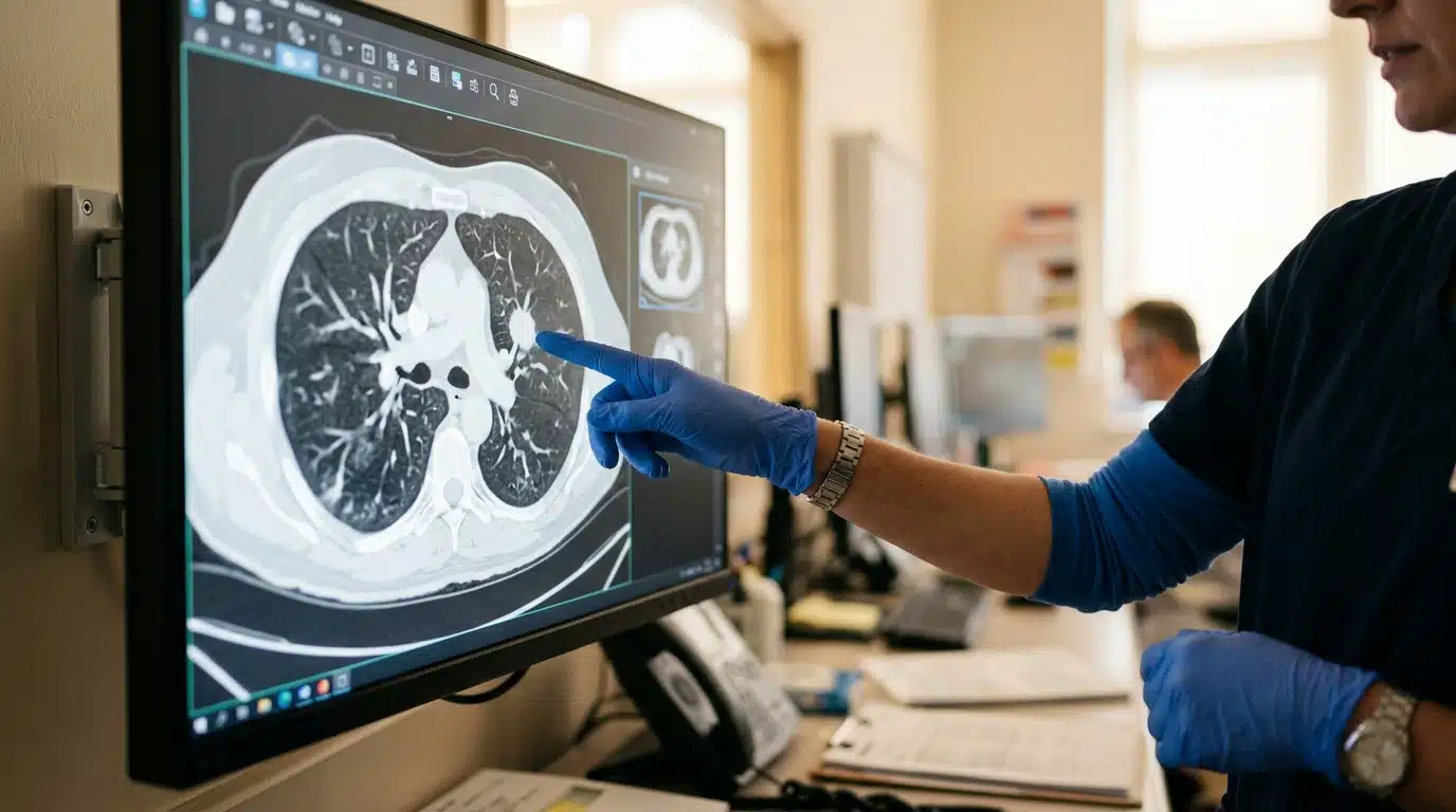 Mains de médecin désignant un scanner pulmonaire sur écran