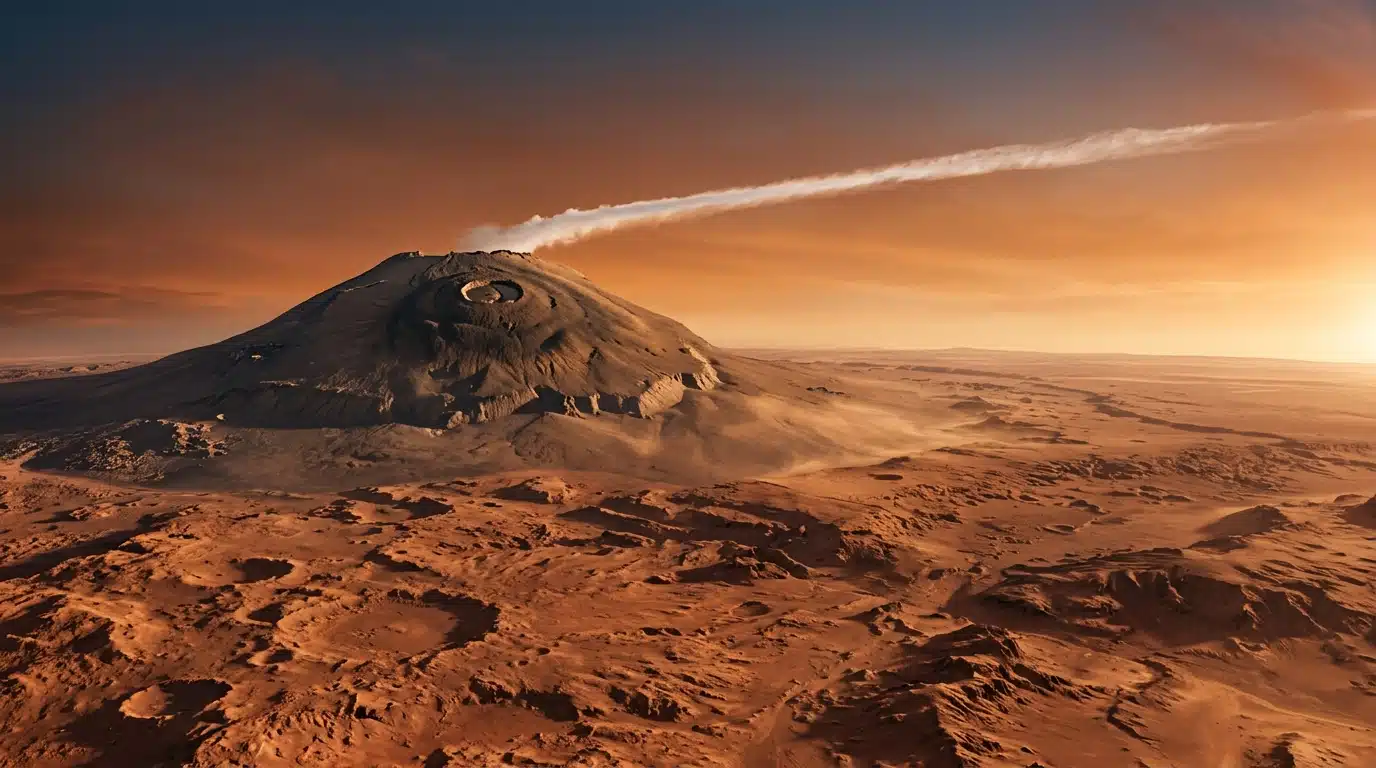 Volcan martien et longue traînée de nuage blanc à l'aube