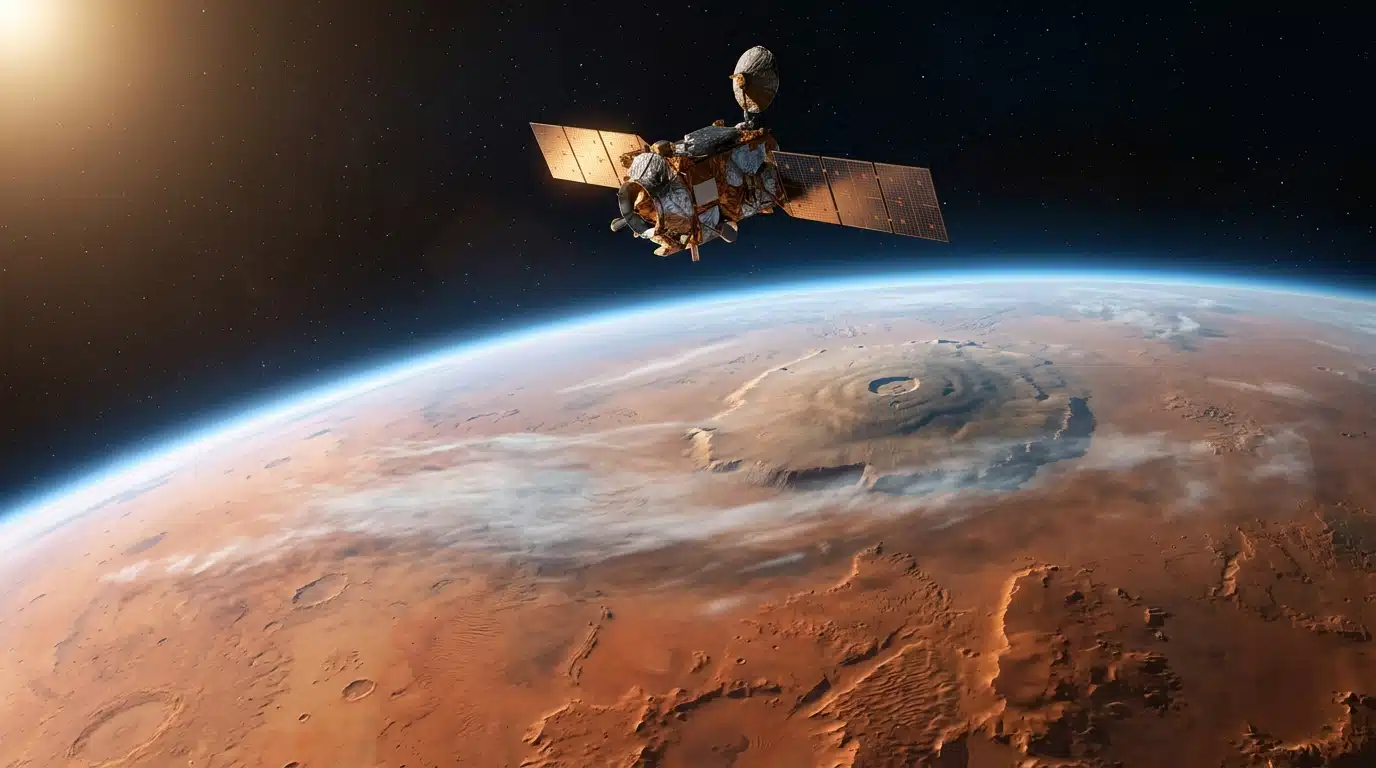 Sonde en orbite au-dessus d'un volcan de Mars