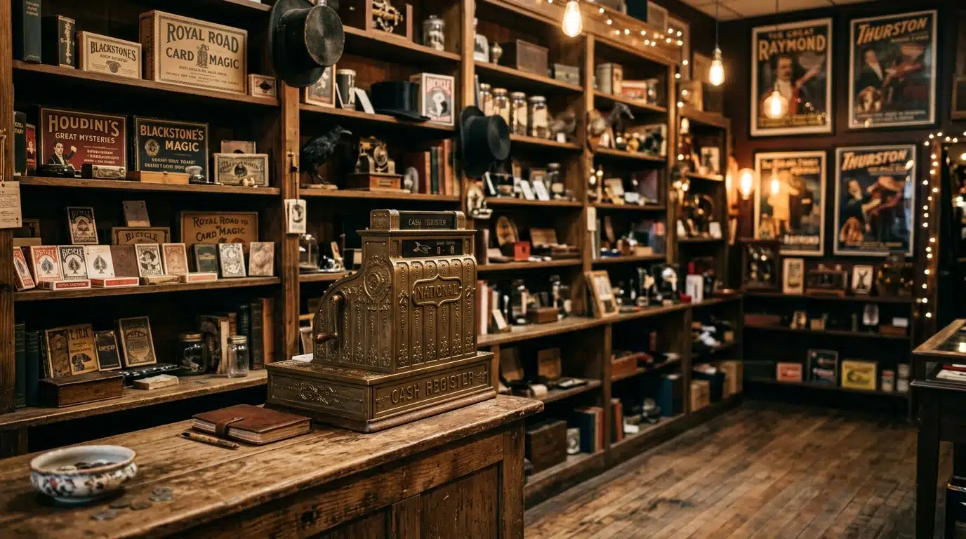 Comptoir vide d'une boutique de magie à Brooklyn, entre objets farfelus et accessoires de prestidigitation