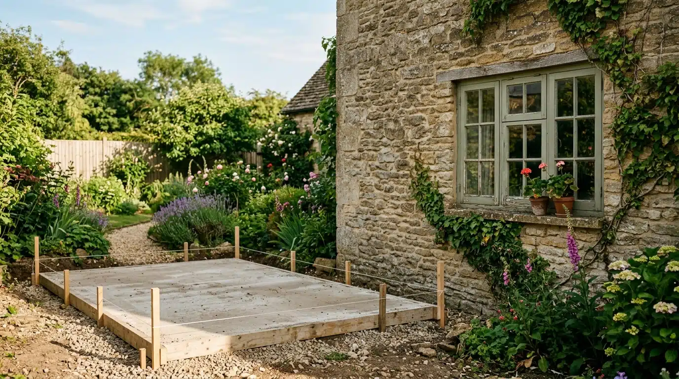 Vieille fenêtre donnant sur un jardin et dalle de garage