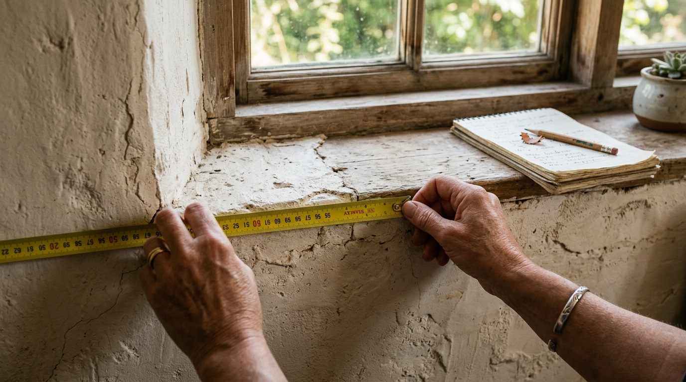 Mains tenant un mètre ruban contre un mur sous une fenêtre