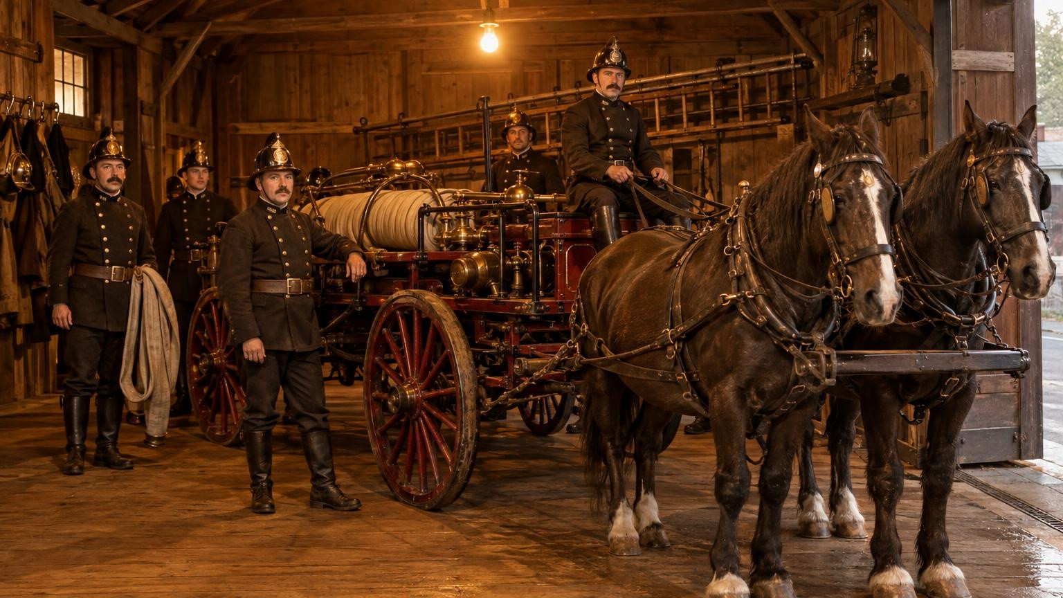 Pompiers volontaires de 1901 autour d'une pompe à incendie