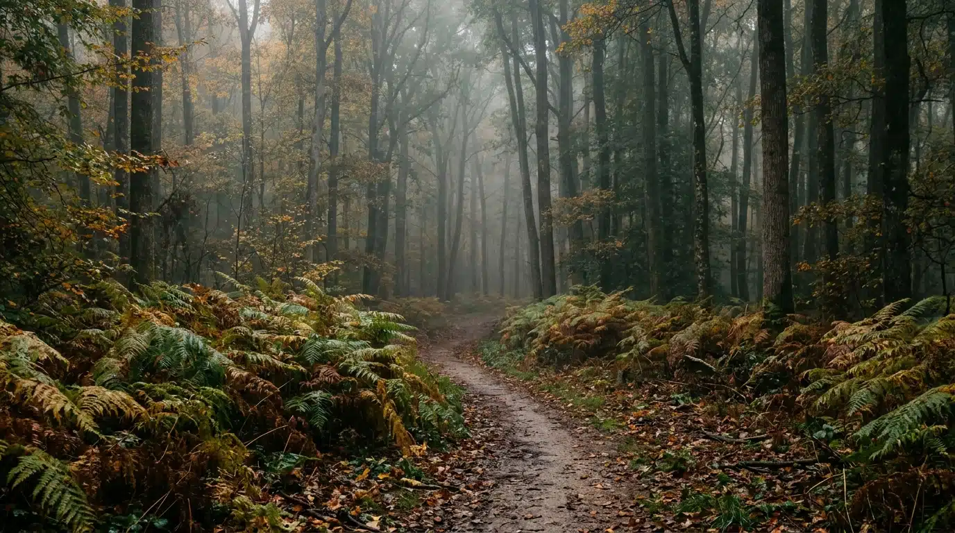 Sentier de forêt brumeux bordé de fougères en automne