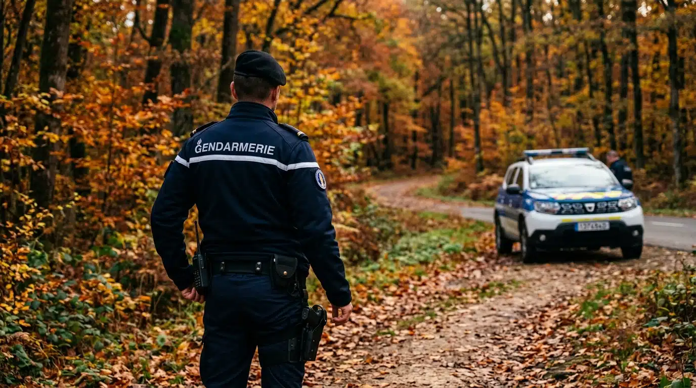 Gendarme de dos à l'orée d'un bois en automne