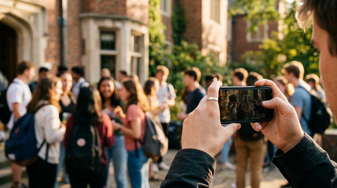 Main tenant un smartphone filmant un groupe flou
