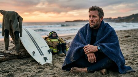Surfeur choqué enveloppé dans une couverture sur la plage