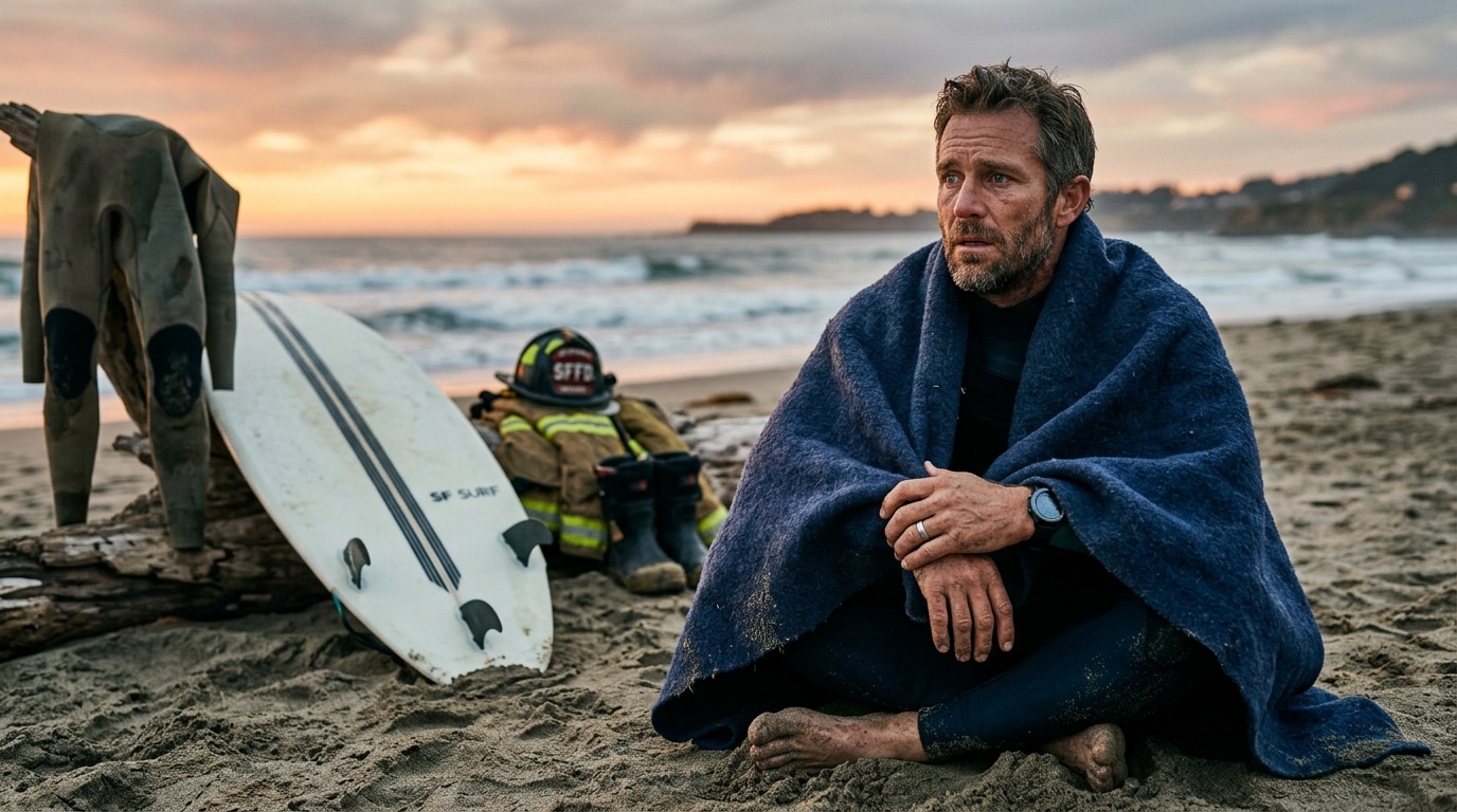 Surfeur choqué enveloppé dans une couverture sur la plage