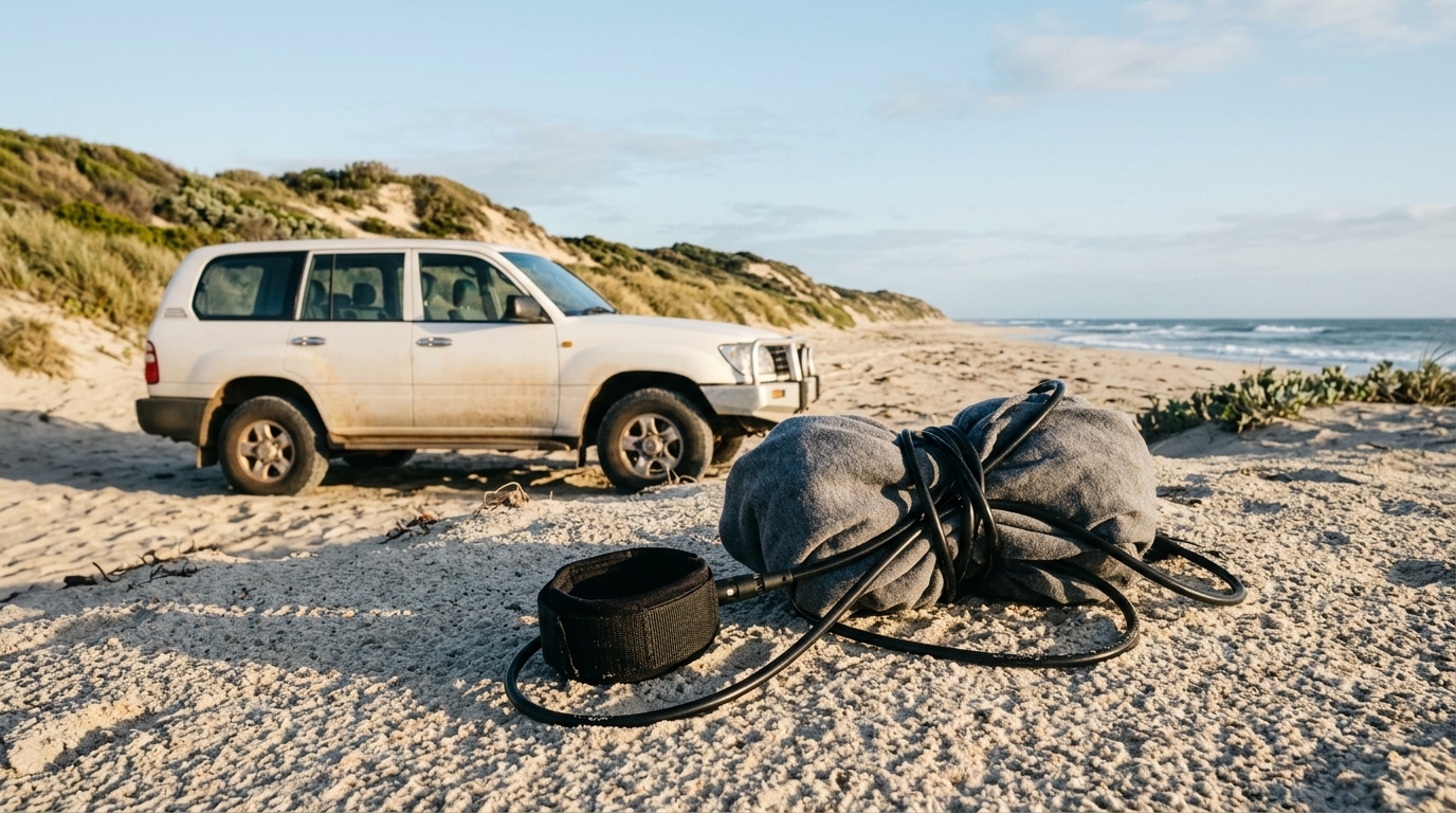 Longe de planche posée sur le sable près d'un SUV
