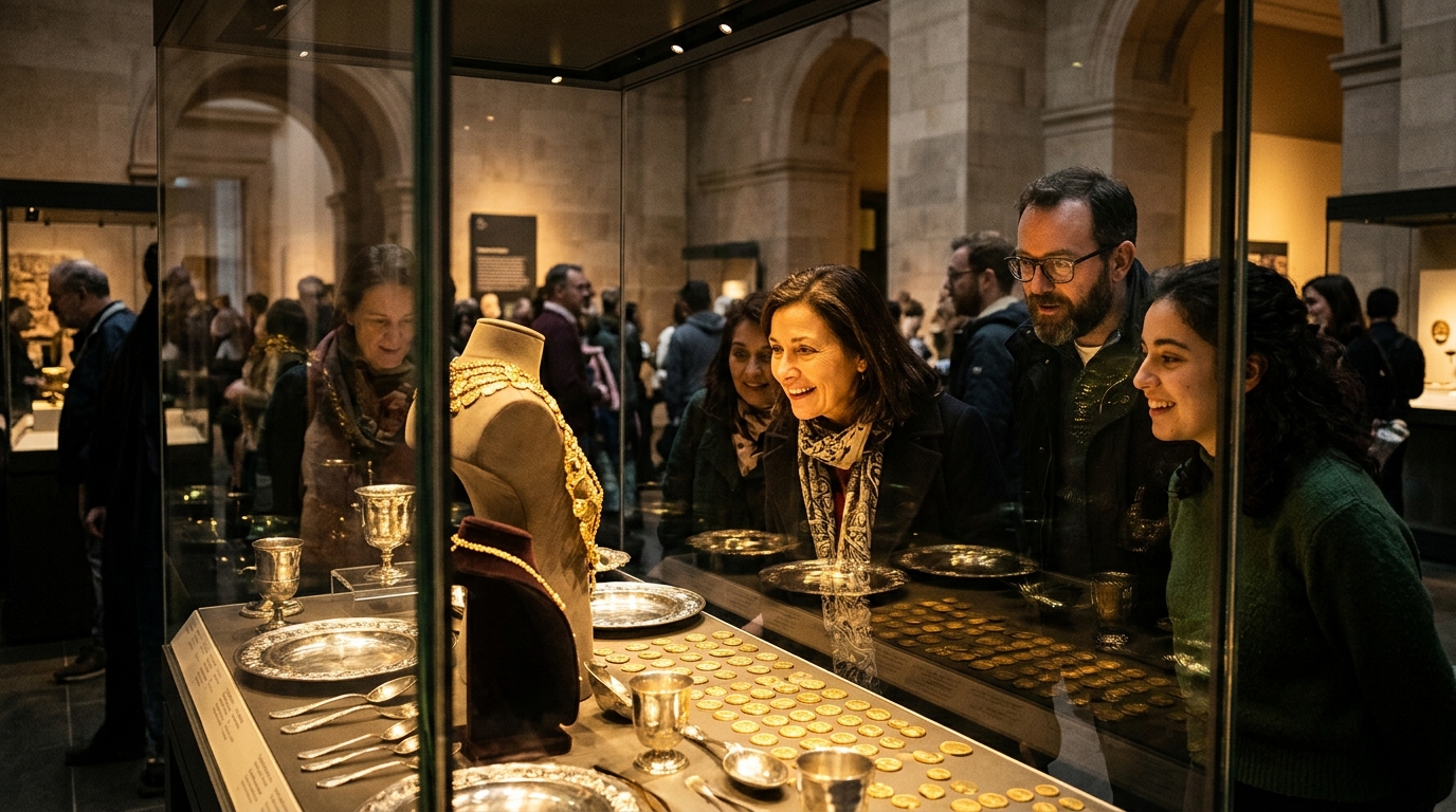 Visiteurs devant les pièces romaines du trésor de Hoxne au musée