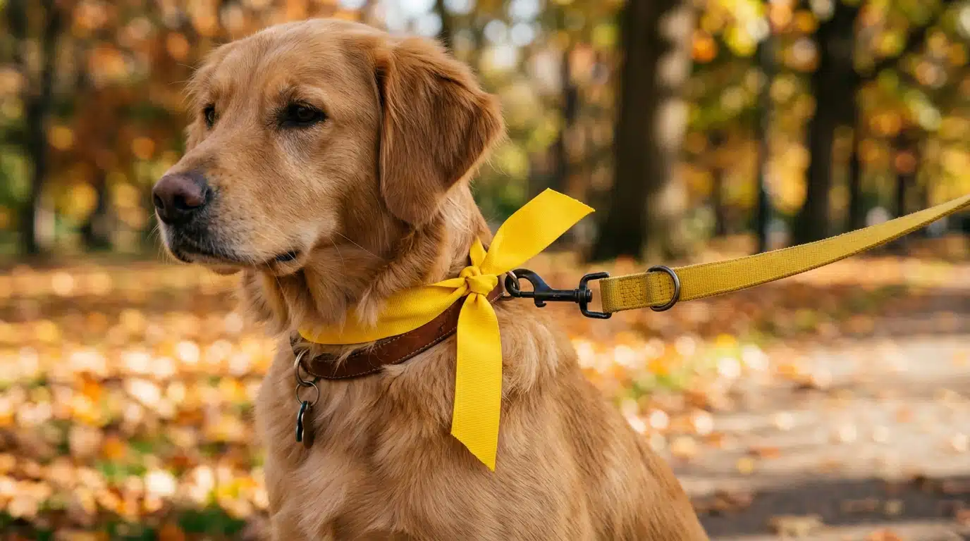 Ruban jaune noué à la laisse d'un chien