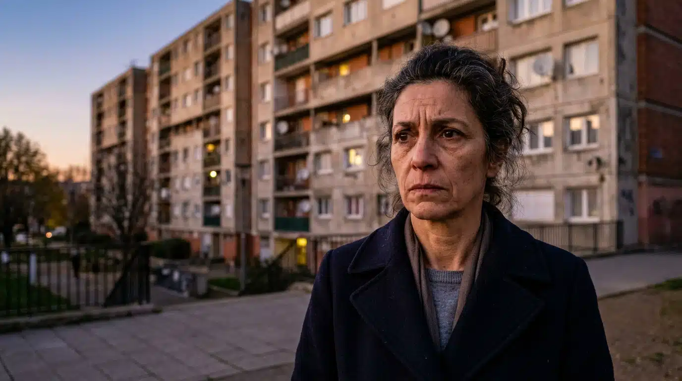 Homme inquiet devant un immeuble de logements sociaux au crépuscule
