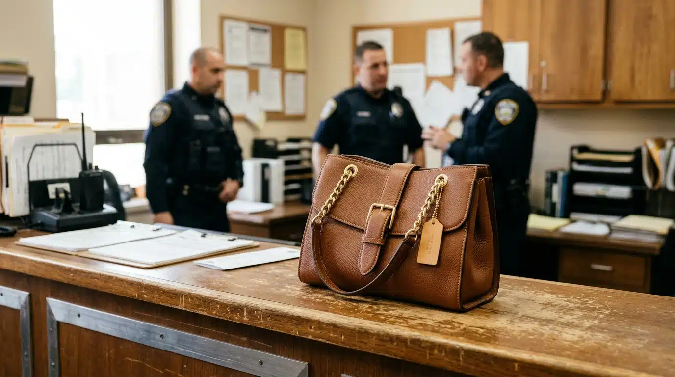 Sac de luxe neuf posé sur un comptoir de commissariat